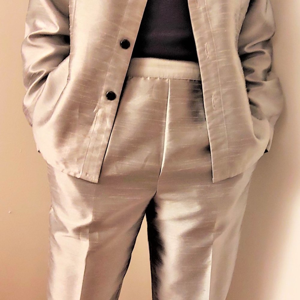 Vintage Shiny Satin Silver Suit,  Size 8